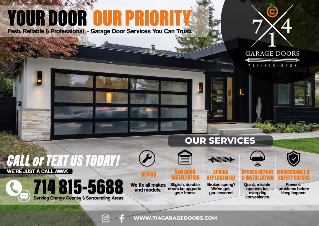714 Garage Doors promo flyer with a modern glass-panel garage door photo