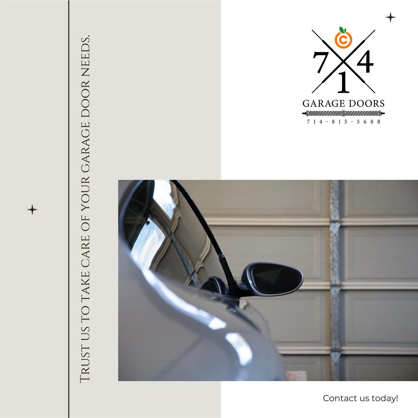 Branded 714 Garage Doors graphic with a car parked by a garage door