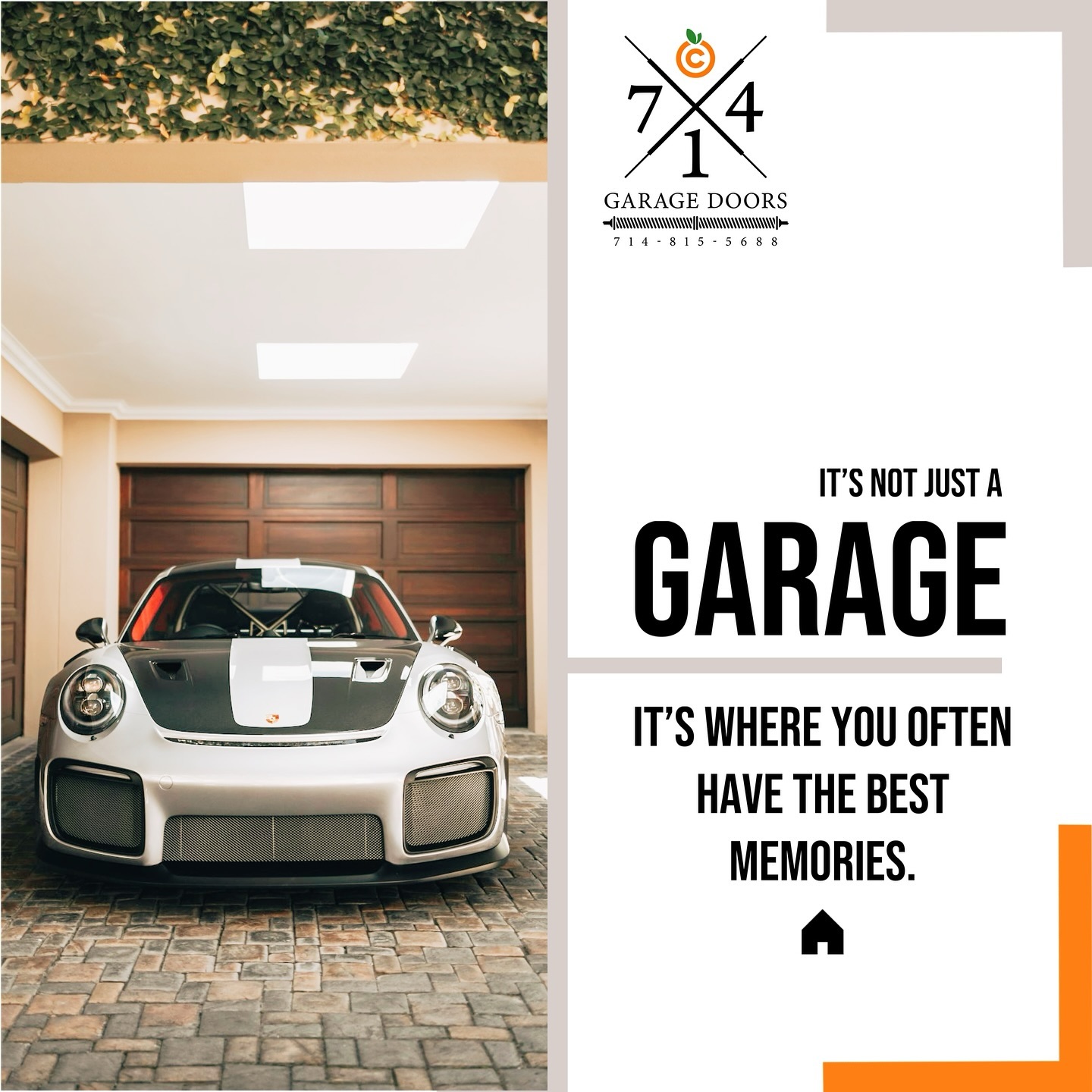 Branded 714 Garage Doors graphic with a sports car in a garage