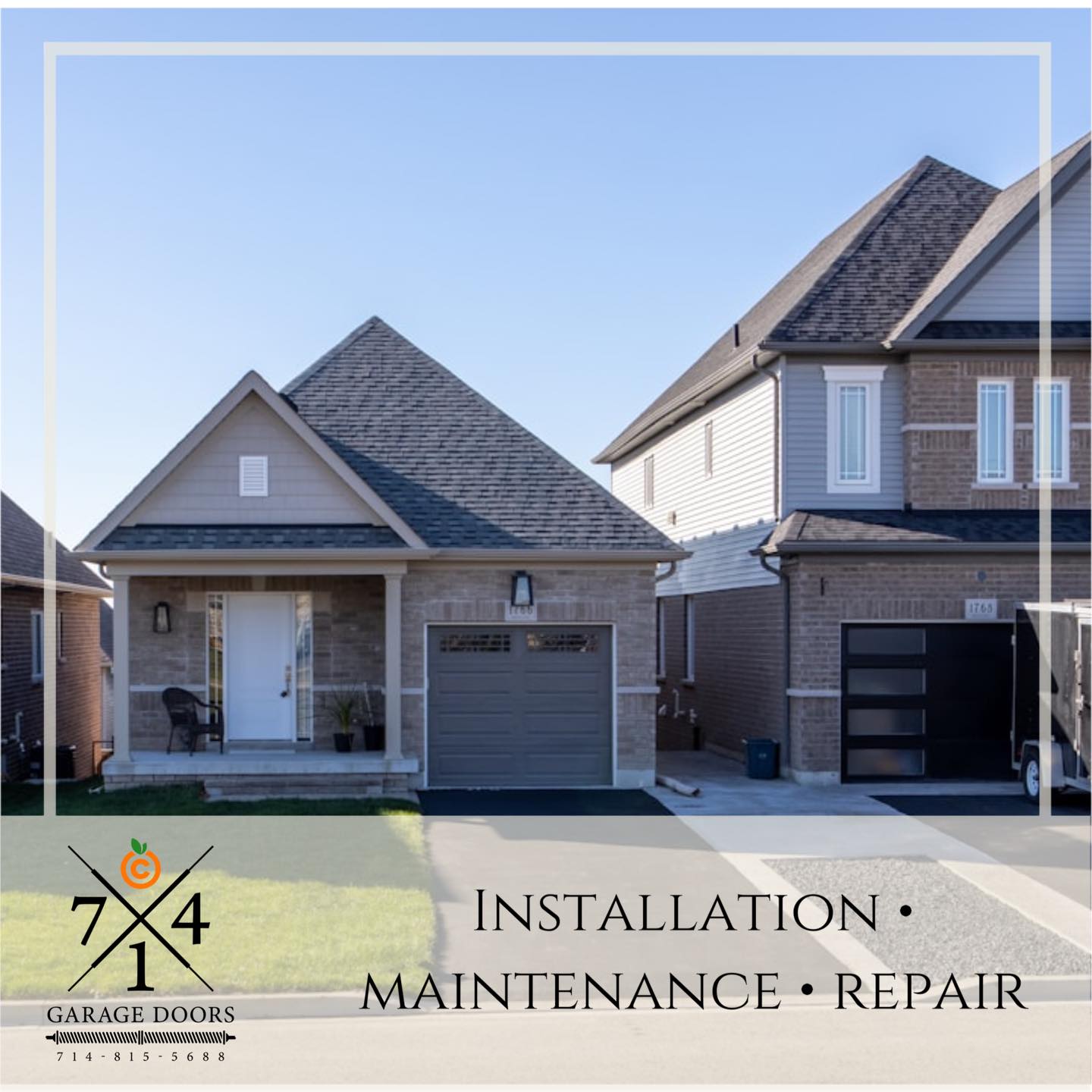 Branded 714 Garage Doors graphic: suburban homes with garage doors