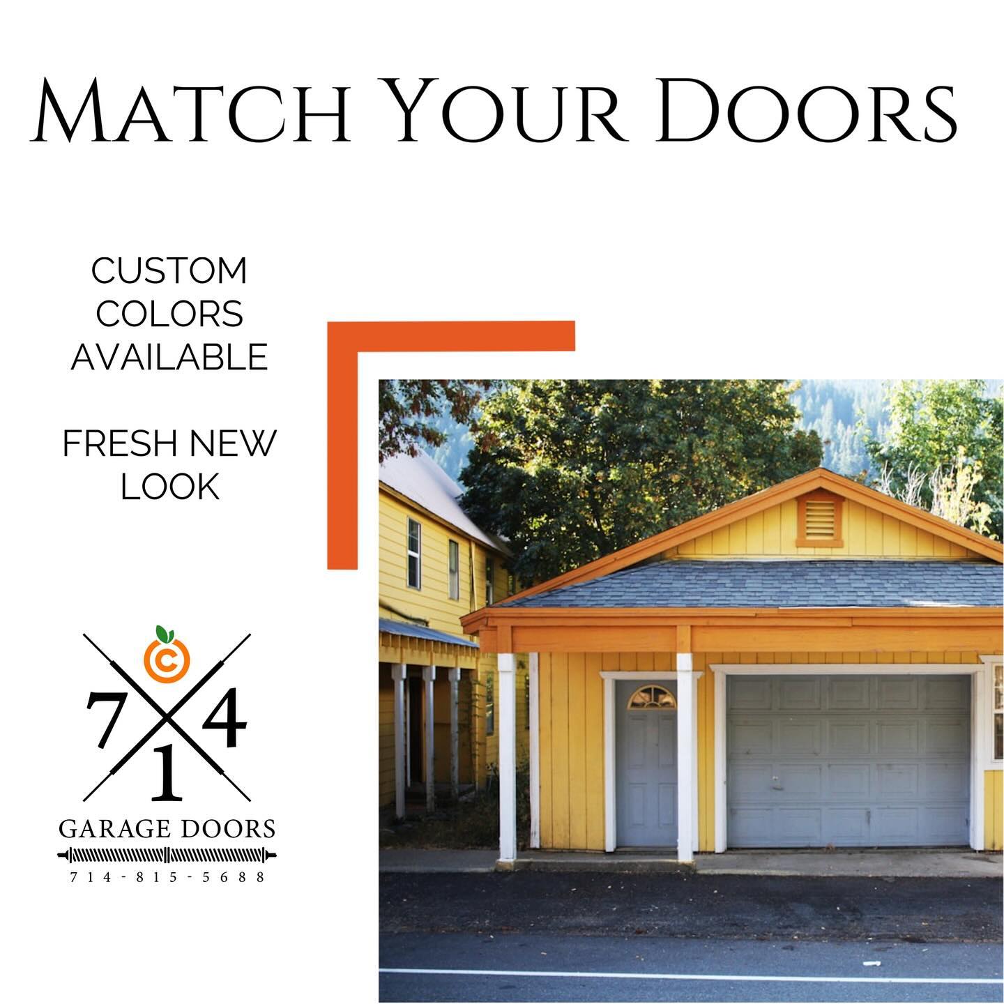 Branded 714 Garage Doors graphic: a gray door on a yellow craftsman home