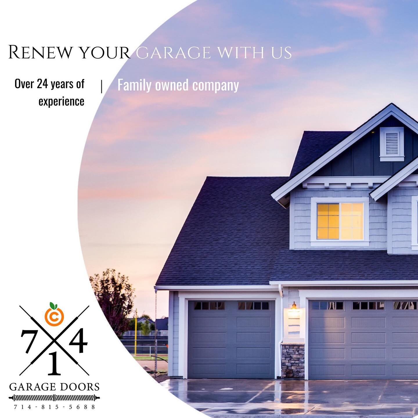 Branded 714 Garage Doors graphic reading 'Over 24 years of experience', over two gray garage doors at dusk
