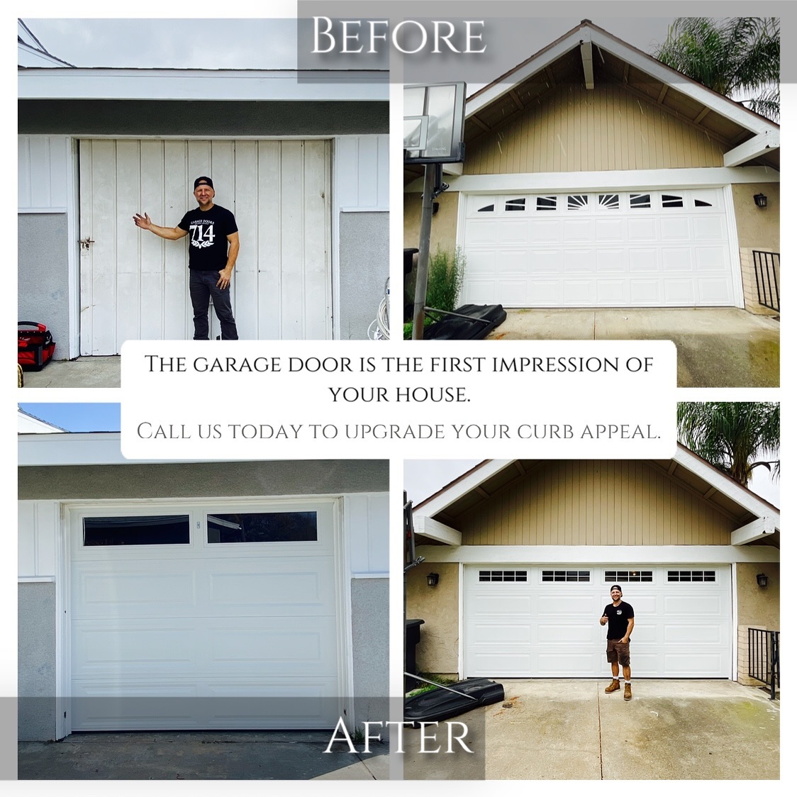 Before and after garage door upgrades with the 714 Garage Doors technician on site